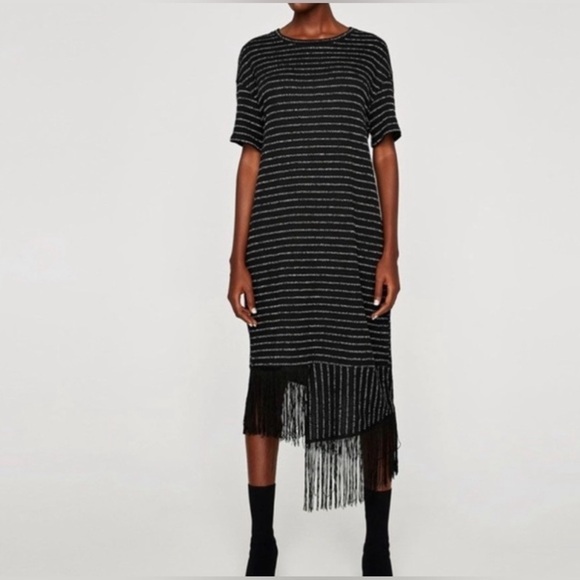 ZARA TRAFALUC Size Medium Fringe Hem Midi Dress - Picture 1 of 7